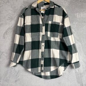 Aerie Womens Oversized Flannel Shirt Green Cream Plaid Button Down XXS Comfy